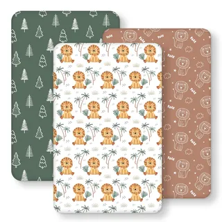 FIEMOL Baby Spannbettlaken Beistellbett 55x90 cm Spannbetttuch, 3er-Pack Mikrofaser Bettlaken Beistellbett, Ultrasanft & Seidigglatt Braun Grüner Löwe