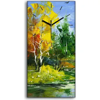 Leinwand Wanduhr Wandkunst Uhr Geräuschlos 30x60 Gemälde Wald Bäume Fluss Natur - schwarze Hände
