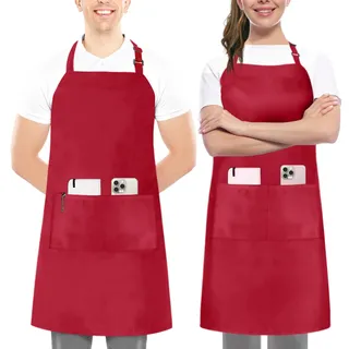 Utopia Kitchen 2er Pack Unisex Grillschürze mit geräumigen Taschen Verstellbare Latzschürzen für Männer und Frauen ideal für Köche Kochen Grillen und Backen Rot