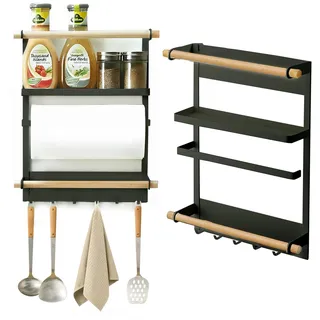 OXTXO Magnetisches Gewürzregal für den Kühlschrank – 3-stufiges Regal mit 6 Haken, Holzdesign – Küchenregal für Gewürze, Handtücher, Gläser & Küchenrolle (schwarz)