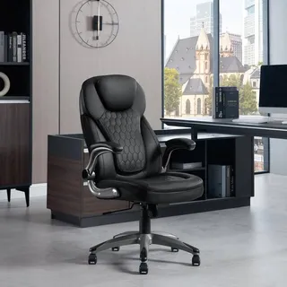 WOLTU Bürostuhl, ergonomisch, mit Kopfstütze Armlehnen, Kunstleder, Schwarz - Schwarz