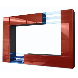 Vladon Wohnwand Mirage, (Anbauwand mit Rückwand mit 2 Türen, 2 Klappen und 6 offenen Glasablagen), Schwarz matt/Bordeaux Hochglanz, inkl. LED-Beleuchtung (262x183x39 cm) rot