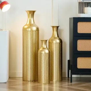 Vasen Set 3er, Boho-Stil Groß Bodenvase Metall Bodenvasen, 83cm+65cm+50cm, für Wohnzimmer, Schlafzimmer Dekoration, HNDE2025111201 (Reines Gold)