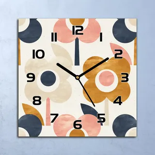 Wanduhr Echt-Glas-Küchenuhr Skandinavisch Blumen Quarz 30x30 Deko Bilder - Bunt