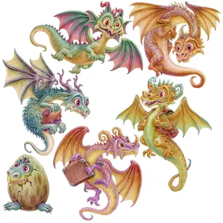 Wallfluent Wandaufkleber 130x111cm - Kleine Drachen , Multicolor , Kunststoff , Rechteckig , 130x111x0.1 cm , Tapeten & Wandverkleidungen, Wandtattoos & Sticker, Wandtattoos