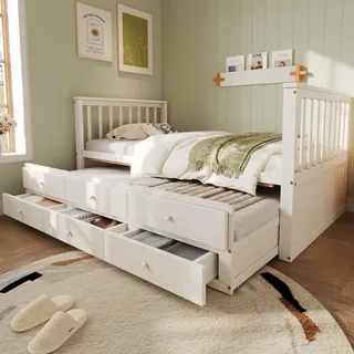Flieks Holzbett 90x200cm mit Ausziehbett, Jugendbett mit 3 Schubladen, Klassisches Bett mit Lattenrost, Stauraumbett Kinderbett Tagesbett Gästebett, Weiß - Weiß