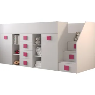 Etagenbett für Kinder Toledo 3 Stockbett mit Treppe, Schreibtisch, Bettkasten (Weiß/Weiß Glanz + rosa Griffe, Seite: Rechts) - Weiß