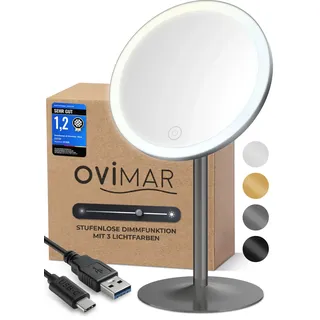 ovimar Kosmetikspiegel Larstind Gunmetal | mit Beleuchtung | wiederaufladbar | freistehend | im Badezimmer | 5fach Vergrößerungsspiegel | Schminkspiegel mit Licht | 360 Grad Spiegel