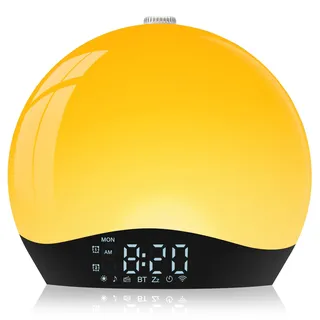 Tageslichtwecker mit Bluetooth Lautsprecher & Sonnenaufgang-Simulation, Wake-up Light Wecker mit 20 Helligkeitsstufen, 18 Farben, 22 Naturgeräuschen, Nachttischlampe (Inkl. Netzadapter) (Gelb)