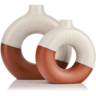 Terrakotta-Vase, Dekoration, Donut-Vase, 2er-Set, runde Hohle Vase, Moderne, Matte Keramikvase für Eingangsbereich, Wohnzimmer, Schlafzimmer, Esstisch, Tafelaufsatz, Büro, Heimdekoration