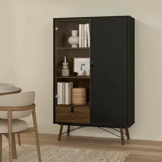 Dmora - Vitrine Zoe, Glas-Sideboard, Mehrzweckvitrine, Hängendes Bücherregal mit Glastüren, 102x40 h162 cm, Schwarz und Walnuss