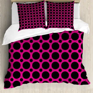 ABAKUHAUS Hot Pink Bettbezug Set, Große und kleine Punkte Spots in symmetrischer Reihenfolge Old Fashioned Vibrant Design, 155 x 220 cm + 80 x 80 cm, Hot Pink Schwarz