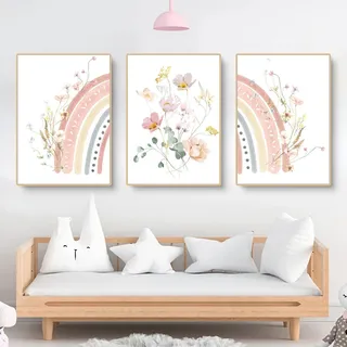 champracer 3er Set Poster für Kinderzimmer Boho Deko Bilder - Rosa Blume Sonne Regenbogen Bilde Wanddeko, Ohne Rahmen Boho Wandposter (50 x 70 cm,B)