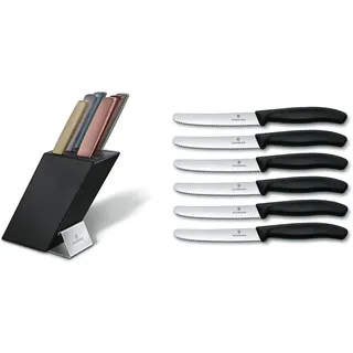 Swiss Modern Messerblock, 6-teilig, Farbig, Buchenholz Schwarz & Tafelmesser - Tomatenmesser Classic Mit Wellenschliff Rostfrei - Swiss Made
