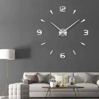Moderne 3D Wanduhr römische Ziffern Spiegel Sticker silber groß