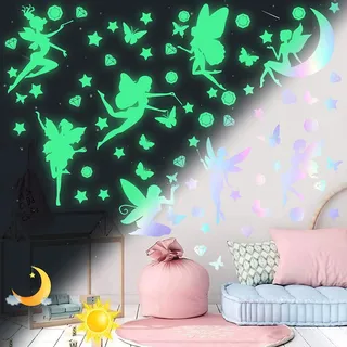 Leuchtsterne Selbstklebend Wandtattoo Kinderzimmer Mädchen Leuchtsticker Feen Schmetterling Leuchtsterne Wandsticker Sternenhimmel Leuchtaufkleber Aufkleber Wanddeko für Kinder Schlafzimmer Deko