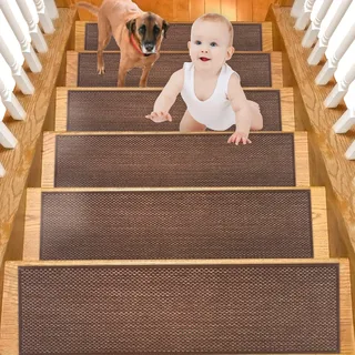 Leeko rutschfeste Sisal Stufenmatten, Treppenstufen Matten für den Innenbereich, 15 Packungen Selbstklebende Leinenteppichmatten für Holztreppe (Dunkelbraun)