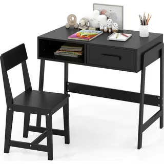 COSTWAY Schreibtisch Kinder mit Stuhl, Kinderschreibtisch Set aus Holz, Jugendschreibtisch mit Schublade & Ablage für Kinder ab 3+, schwarz - Schwarz