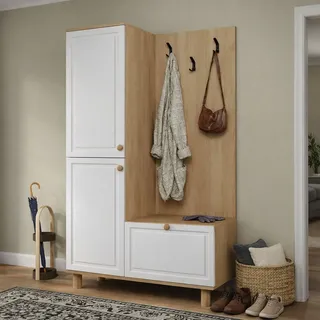 Elegante Garderobe mit Membrantüren, Weiß & Eiche, 90 x 173 x 37 cm | 100% melaminbeschichtet, 18 mm stark | Wandmontage, stilvolle Aufbewahrungslösung