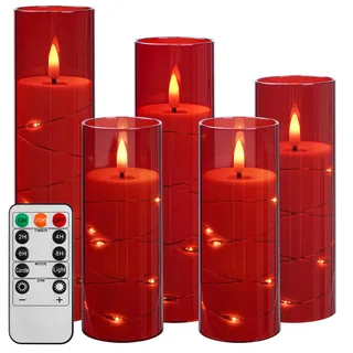 Da by LED Kerzen mit Eingelassener Lichterkette,Batteriebetriebene Kerzen mit Fernbedienung und 24 Stunde Timer,Flackernde Led Kerzen Für Weihnachtsdekoration,Heimdekoration(rot, 5er-Set)
