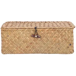 Rattan-Korb Seegras-Aufbewahrungskorb Körbe Behälter Aufbewahrungsbehälter mit Deckel mit Deckel Rechteckiger Geflochtener Aufbewahrungskorb mit Großer Kapazität für Kleidung Obst[S]