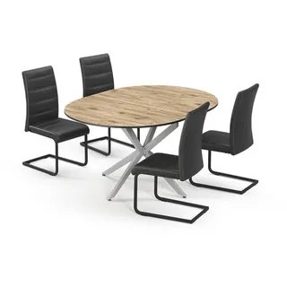 Vicco Esstisch-Set Loyd, Eiche rustikal/Grau, 120 x 120 cm mit 4 Esszimmerstühlen, Schwarz, Model 63006 - Braun, Grau