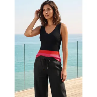 Stricktop BRUNO BANANI, Damen, Gr. 32/34, schwarz, pink, Rippstrick, Obermaterial: 70% Viskose, 30% Polyamid, figurbetont hüftlang, tiefer V-Ausschnitt, Tops Stricktop, figurbetonte Passform, tiefer V-Ausschnitt, Colorblock-Design