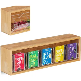 Relaxdays Teebox Bambus, 5 Fächer für 50 Teebeutel, mit Kippdeckel, zum Aufhängen, Aromaschutz, 11.5 x 39 x 8 cm, natur,