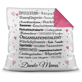 Print Royal Kissen mit Spruch für Mama - Danke Mama - inkl. Kissenfüllung - Deko-Kissen/Geschenk-Idee Geburtstag Muttertag/Bestes Farbkissen Rückseite Pink