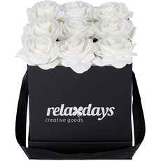 Relaxdays Rosenbox eckig, 9 Rosen, stabile Flowerbox schwarz, Lange haltbar, Geschenkidee, dekorative Blumenbox, weiß