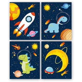 KAIRNE 4er Set Kinderzimmer Bilder Junge,Weltraum Wandbilder,Babyzimmer Poster,Dinosaurier Kinderbild,Astronaut Planeten Wand Kunst Poster für Schlafzimmer Kindergarten Wandeko Geschenk,Ohne Rahmen