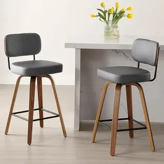 Barhocker 2er Set mit Lehne 65 cm Sitzhöhe – 360° drehbarer Barhocker aus Holz mit extra dicker Polsterung (7,1 cm) & pflegeleichtem Kunstleder – Belastbar bis 150 kg – Grau für Kücheninsel & Theke - Grau
