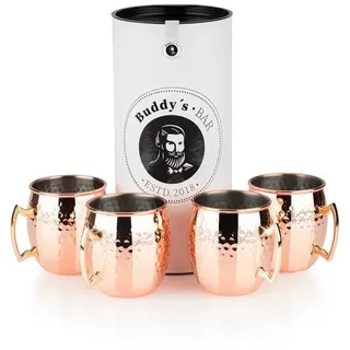 Buddy ́s Bar - Moscow Mule Becher, 500 ml, hochwertiger Edelstahl-Becher, lebensmittelecht, Hammerschlag-Effekt, Cocktail-Tasse inkl. Geschenkbox, gehämmert, Kupfer Poliert, 4er Set