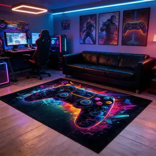 Leseogye Gaming Teppich rutschfest Kristall-Samt Gamer Fußmatte, Spielkonsolen-Teppich, Neon Farben, Coole Deko für Jungen Teenager Schlafzimmer Wohnzimmer 120x160cm