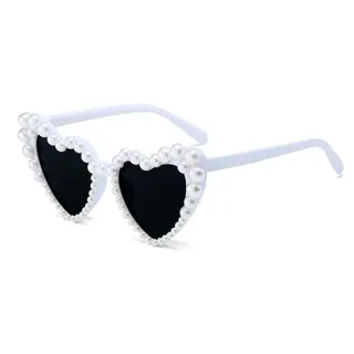 Herz Sonnenbrille für Damen mit Perlen – Retro Cateye Brille in Herzform für JGA, Hochzeit, Geburtstag, Festival, 50er Jahre Party – Vintage Partybrille Accessoire in Weiß für Braut und Freundinnen