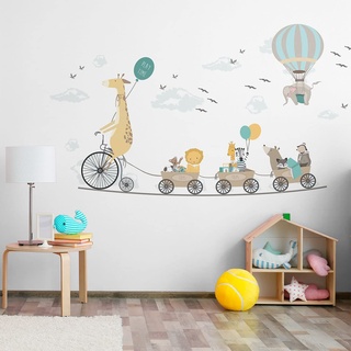 Wandtattoo Kinder - Dekoration Babyzimmer - Wandtattoo Kinderzimmer - Wandaufkleber Giraffe und seine Abenteuerbegleiter - H90 x 60 cm