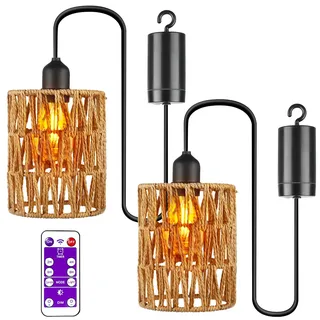 2 Stück Hängelampe mit Batterie, Batteriebetriebene Lampe mit Fernbedienung, Pendelleuchte ohne Stromanschluss, Rattan lampe, Boho lampe für Patio, Garten, Wohnzimmer, Schlafzimmer