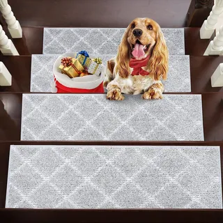 BEQHAUSE Treppenstufen Matten, 4 Stück Treppenteppich, 22 * 70cm Stufenmatten Selbstklebend 100% Polyester TPE-Rücken, Geeignet für alle Arten von Treppen, Wiederverwendbar, Grau