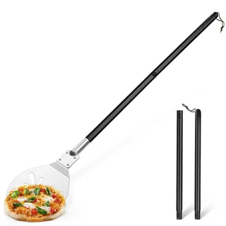 Perforierter Pizzaschieber, Onader Edelstahl Rund Pizzaschaufel, Pizza Schieber mit abnehmbarem Metallgriff für Pizza, Brot, Kuchen, Gesund & Leicht zu Reinigen - 22,8×31,3×112cm