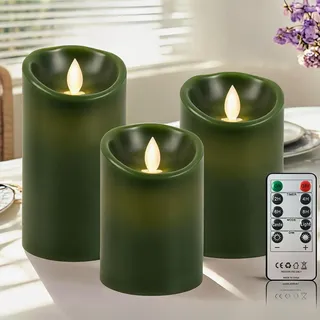 PinnWaa LED Kerzen [3 Stück] Flammenlose Kerzenhalter, 10-Tasten Fernbedienung Timer Dekorations, Flammenlose Kerzen mit Realistisch Flackernde LED Stabkerzen Batteriekerzen - Grün