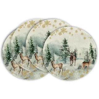 Artoid Mode Aquarell Rentier Baum Weihnachten Runde Platzsets 4er Set, 37cm Winter Xmas Tischset Waschbar Platzdeckchen Küche Party Deko