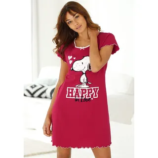 Nachthemd PEANUTS, Damen, Gr. 32/34, N-Gr, rot, Single Jersey, Obermaterial: 100% Baumwolle, Basic, bequem kurz, Rundhals, eingesetzt Babylock kontrastfarben, Kleider Nachthemd, mit Snoopy Print und Kräuselsäumen, Topseller