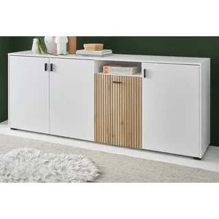 Sideboard "Merced" Kommode weiß mit Eiche 200 cm, Soft-Close-Funktion und Staboptik - Weiß