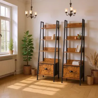 FurnitureR Esszimmer Glasvitrine Leiterstil 42x29x141 cm, 5 Ebenen, Stoffschublade, 12 mm Holzplatten & 20 mm Metallrahmen, 7,5 cm Rückwand, Elegantes Präsentationsregal