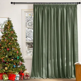 PONY DANCE Samtgardine Kräuselband Samt Vorhänge Wohnzimmer 1er Set Gardinen Samt Salbeigrün Velvet Blackout Curtains (Gewicht: 300g/m2) Thermovorhang Kälteschutz Schiene, H 240 x B 300 cm