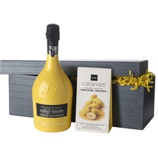 Schaumwein-Geschenkset"Yellow Dream" | 1 Flasche Schaumwein aus Italien und karamelisierte Mandeln mit weißer Schokolade und Crème Brulée Geschmack