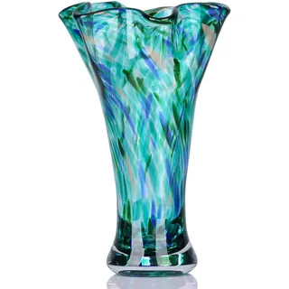 LCCCK Blaue Glasvasen von 22,9 cm Höhe für Blumen, handgefertigte mundgeblasene Glasvase, Innendekoration, Vase mit breitem Hals für grüne Blumen, Tischmitte, für Bücherregal, Tisch