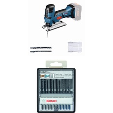 Bosch Professional GST 18 V-LI S (ohne Akkus und Ladegerät, im Karton), 06015A5100 + 10tlg. Stichsägeblatt-Set Robust Line (Wood und Metal zum Sägen in Holz und Metall, Zubehör)