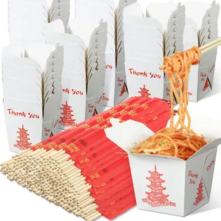 Chinesische Take Out Boxen mit Essstäbchen, Pagoden-Papier-Lebensmittelbehälter mit Hülsen und getrennten Einweg-Essstäbchen für asiatische Party-Dekorationen, Gastgeschenke, Geburtstag, Hochzeit