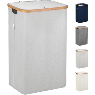 Lonbet - Wäschekorb mit Deckel Groß - XL 100 Liter - Wäschekorb Holz Bambus - Wäschesammler Hellgrau mit Griffen - Light Grey Laundry Basket - Laundry Hamper with Lid